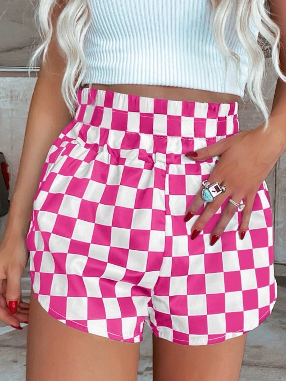 Pink Checkered High-Waist Women’s Shorts